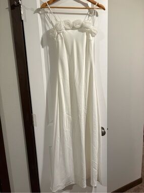 Ivory Rose-Trim Spaghetti Strap Maxi Dress